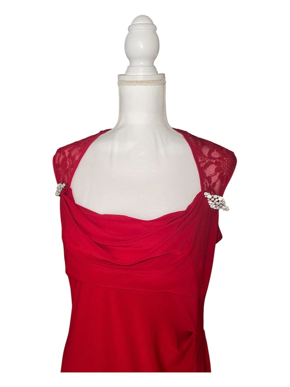 R&M Richards Red Draped Midi Dress with Lace Cap Sleeves - Picture 4 of 5